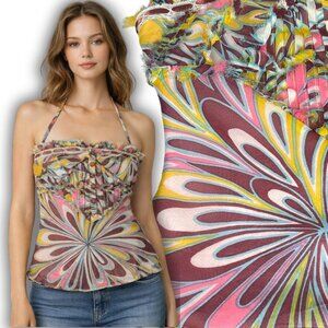 Vintage 00s Heatherette 100% Silk Abstract Halter Top Ruffled Y2K Size 0 XXS